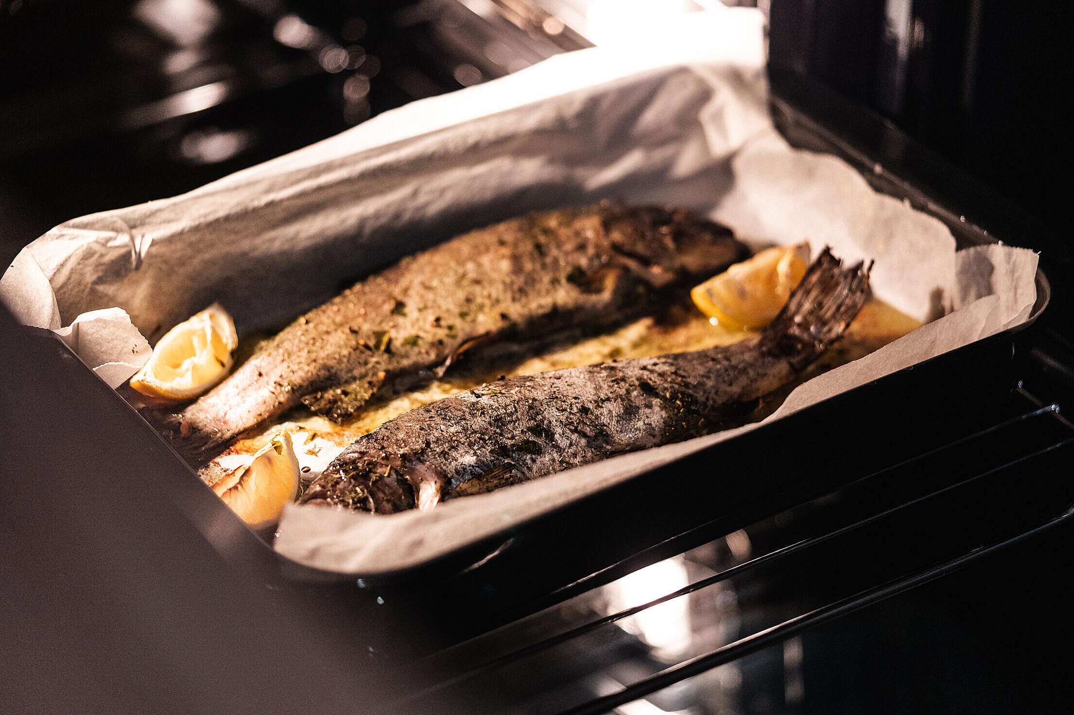 Whole Trout on a Baking Tray Free Stock Photo