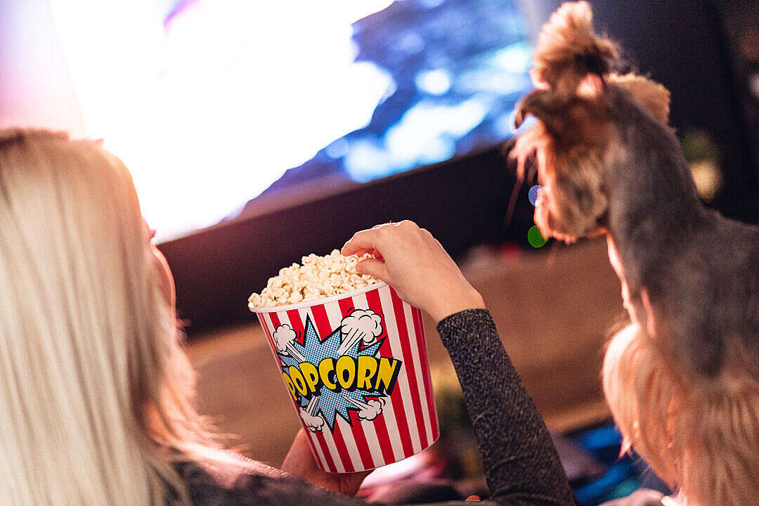 Download Woman and Her Dog are Watching a Movie and Eating Popcorn FREE Stock Photo