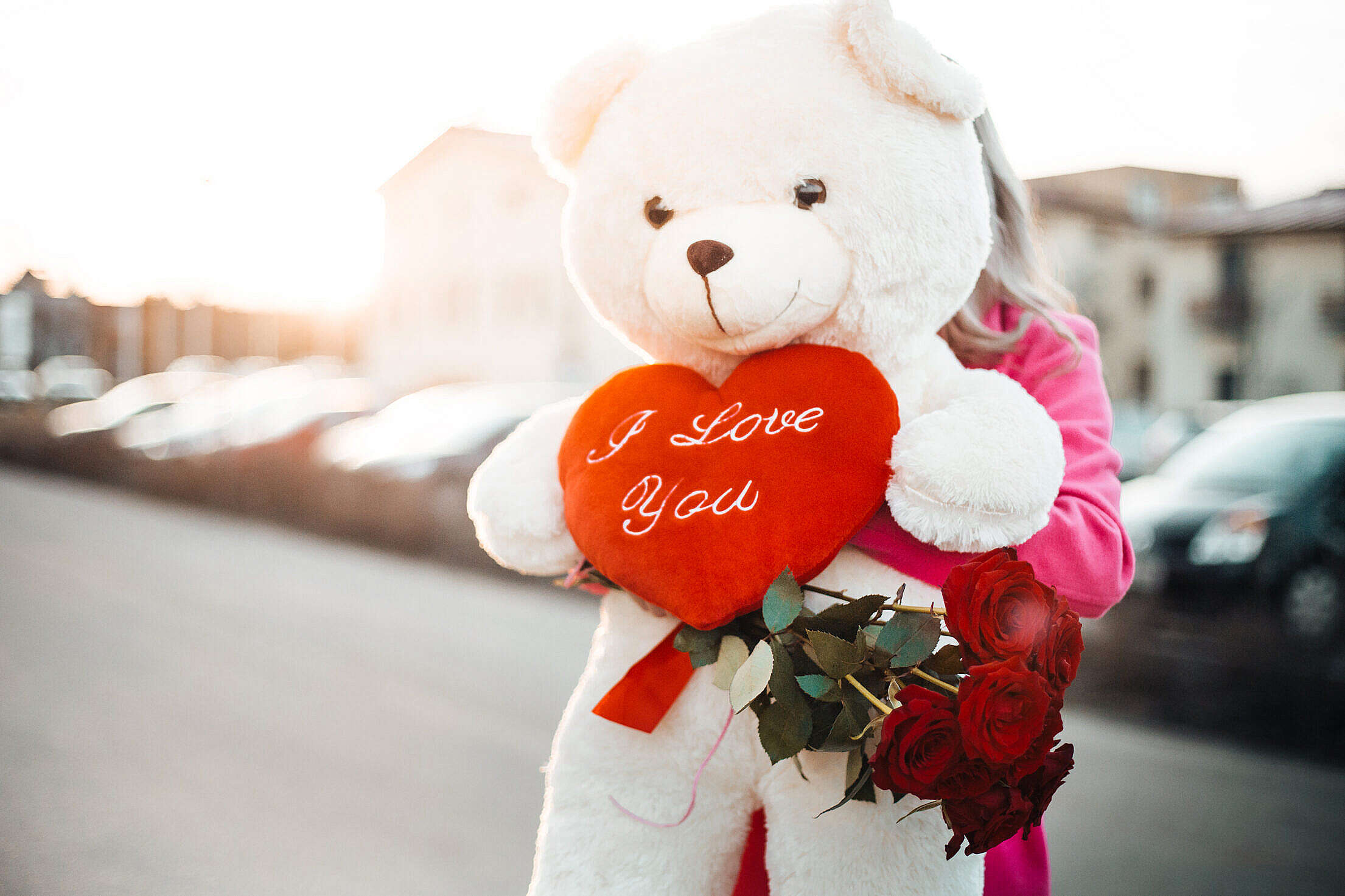 Woman Holding a Big Teddy Bear with I Love You Heart Free Stock Photo