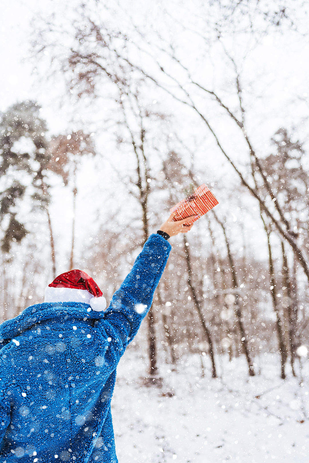 Woman Holding a Gift in a Snowy Landscape