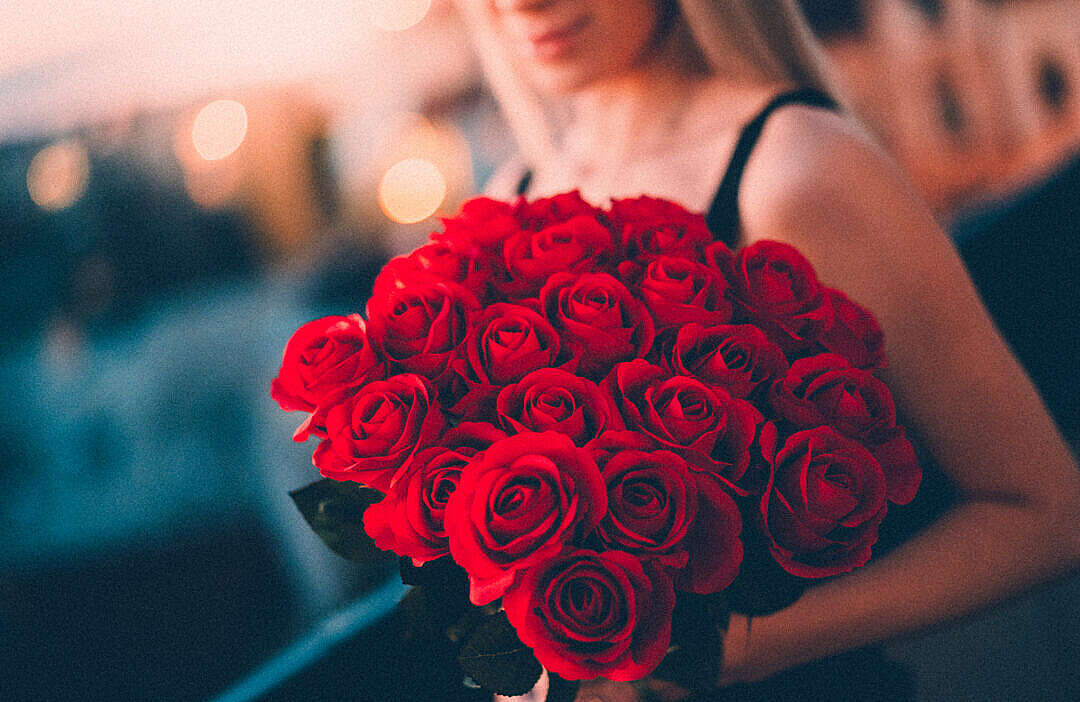 Download Woman Holding a Large Bouquet of Red Roses FREE Stock Photo