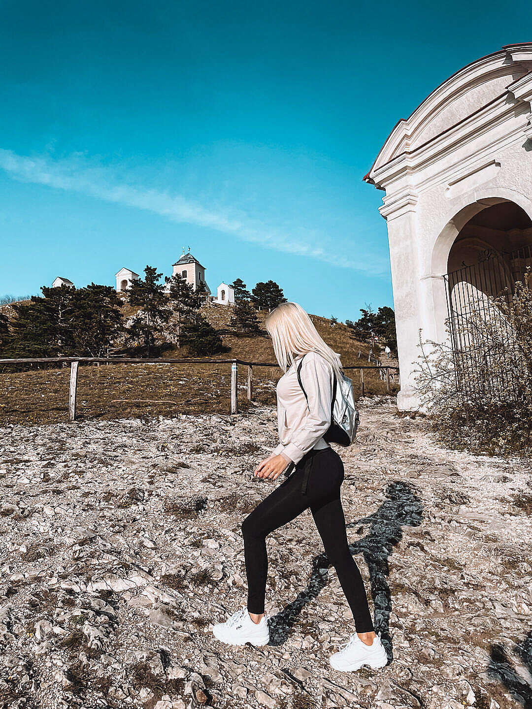 Woman on a Walk to Svaty Kopecek in Mikulov, Czechia