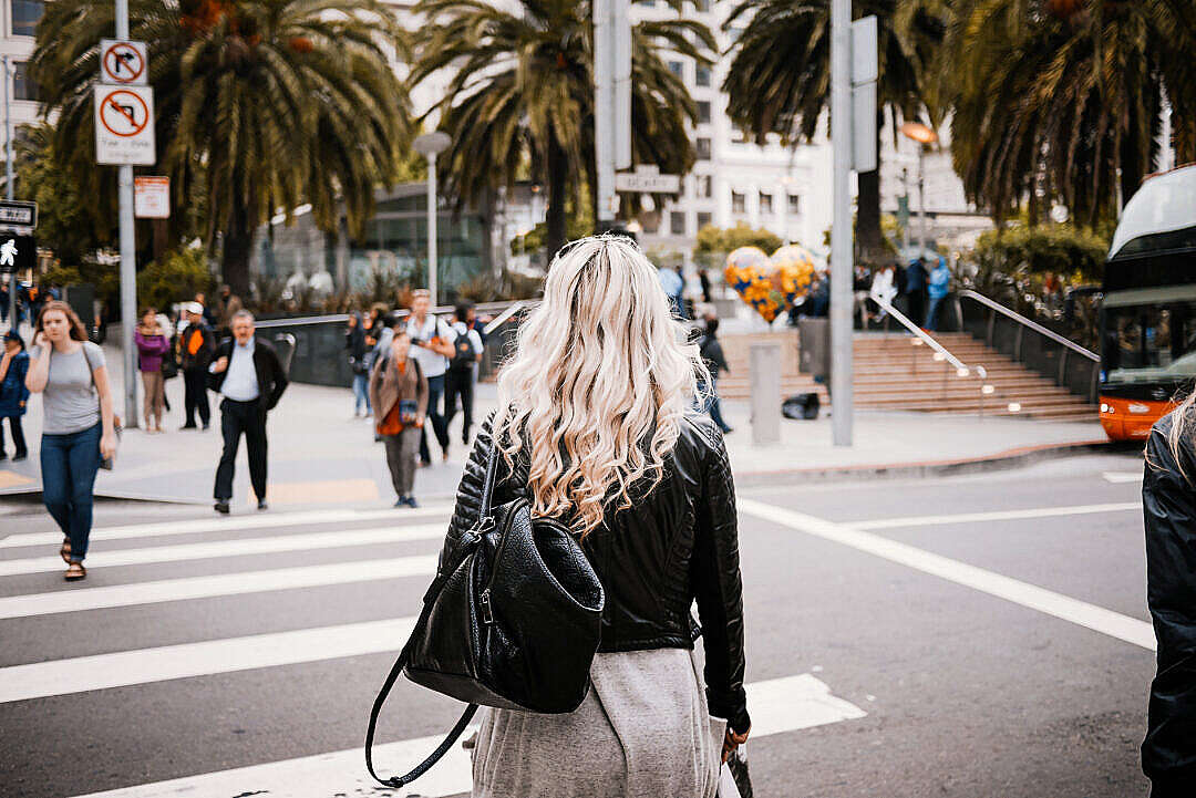 Young Blonde Walking Towards Union Square in SF