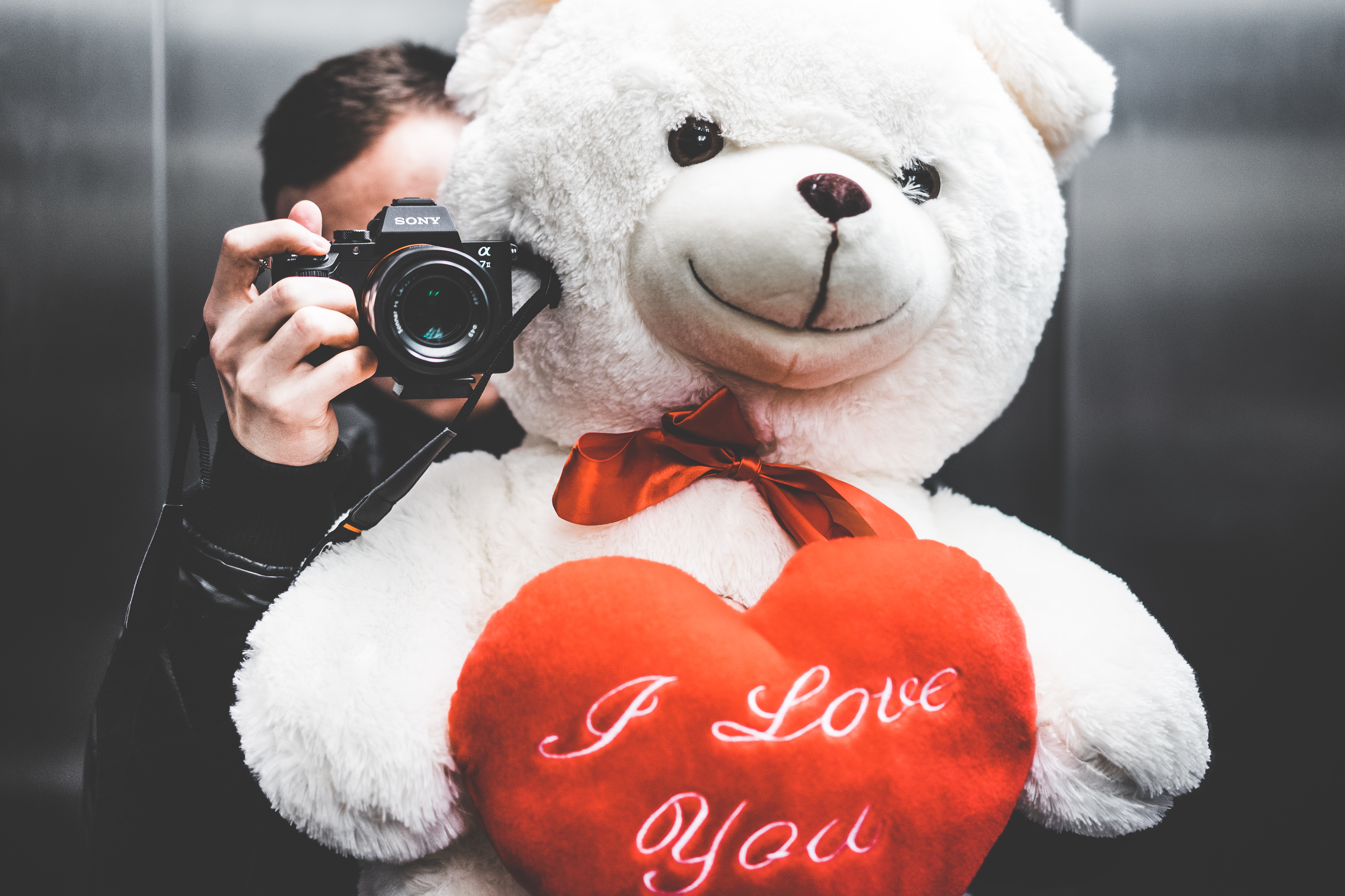 Image of sexy slim woman hugging big teddy bear, Stock Photo