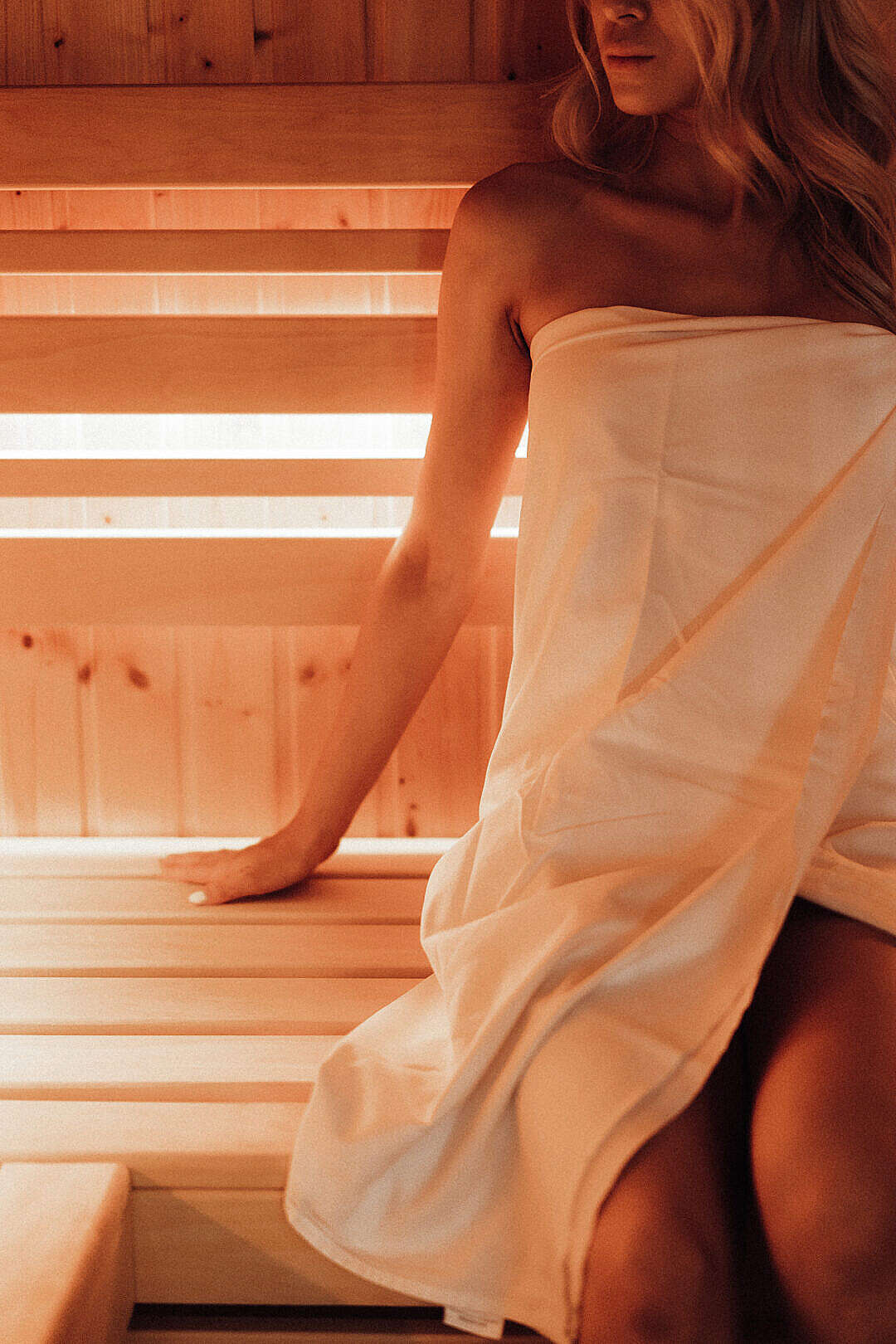 Download Young Woman Sitting in a Finnish Sauna FREE Stock Photo